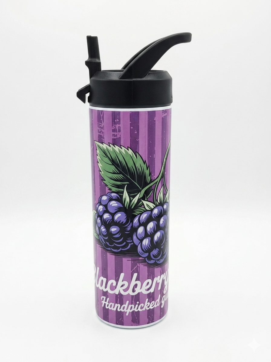 Edelstahl Trinkflasche 600ml – Sportflasche mit Strohhalm , Motiv Blackberry
