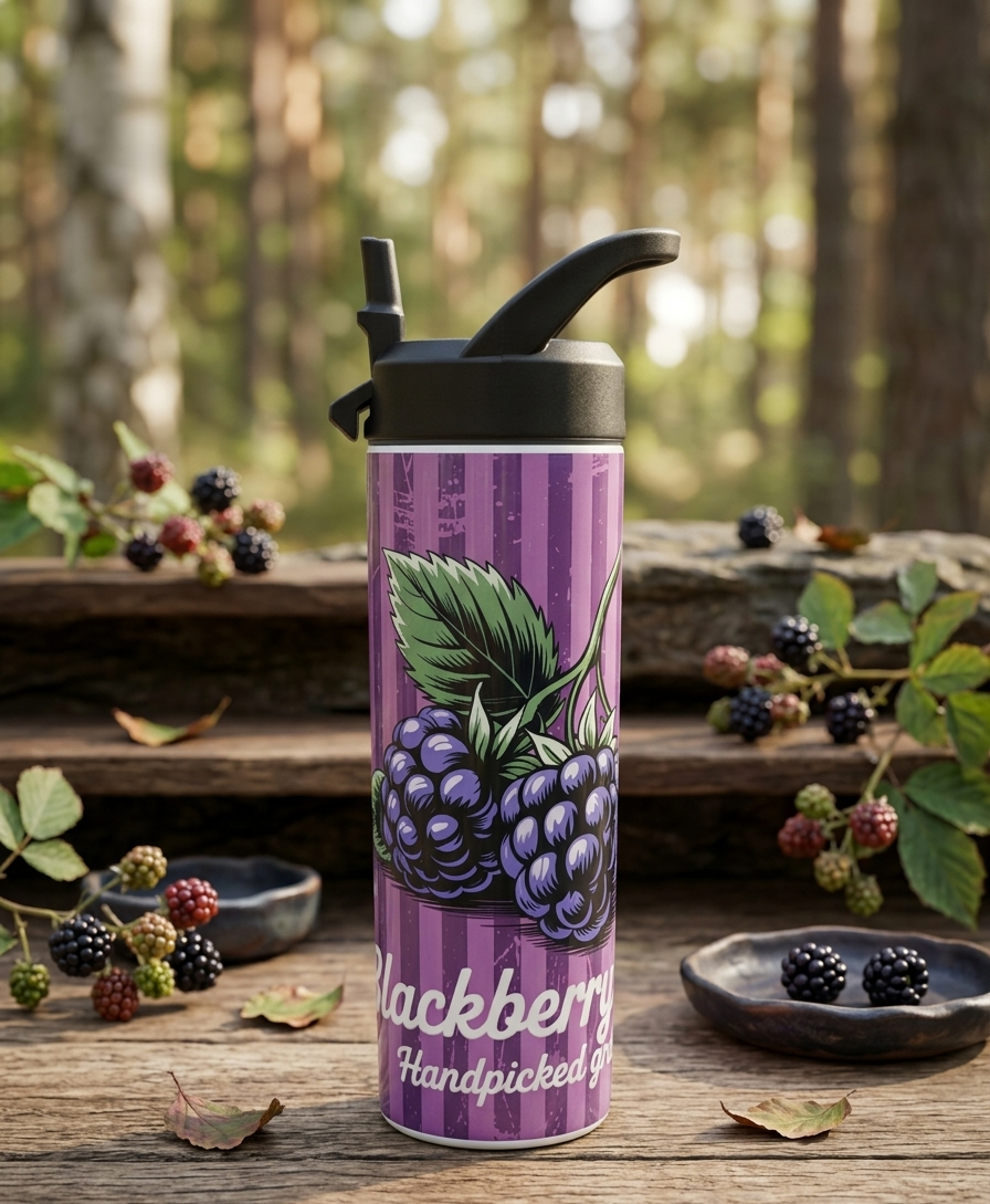 Edelstahl Trinkflasche 600ml – Sportflasche mit Strohhalm , Motiv Blackberry